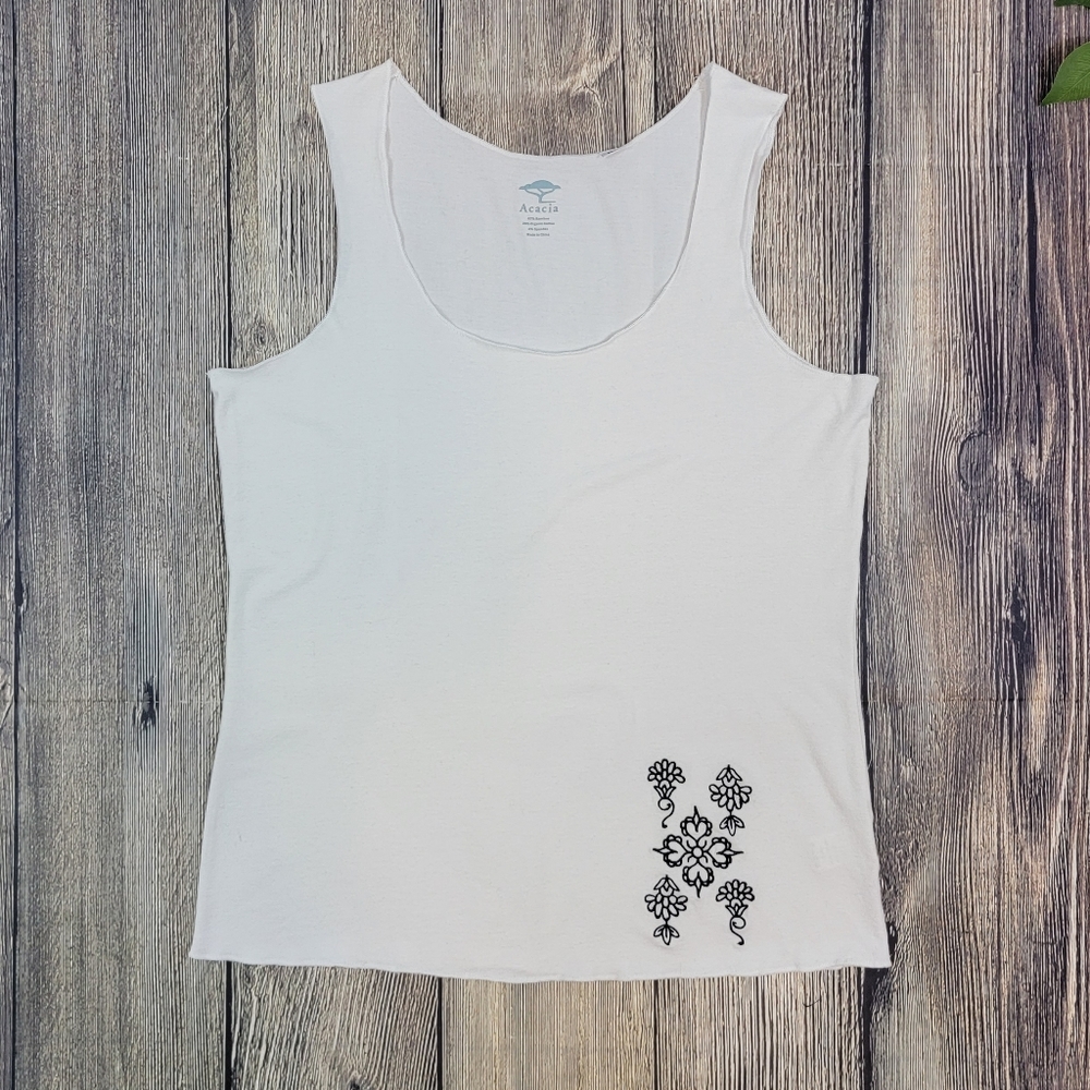 Acacia Floral Embroidered Bamboo Organic Cotton Tank Top